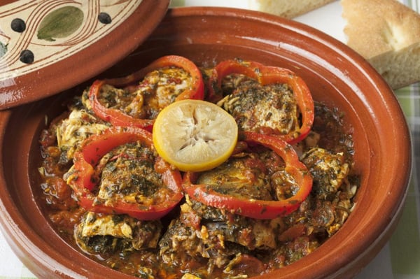 Moroccan fish tagine with chermoula, red peppers and preserved lemon.