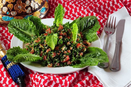 A bowl of Turkish Meze salad that is not meant to be a full meal, rather simply an appetizer to snack on before a meal.